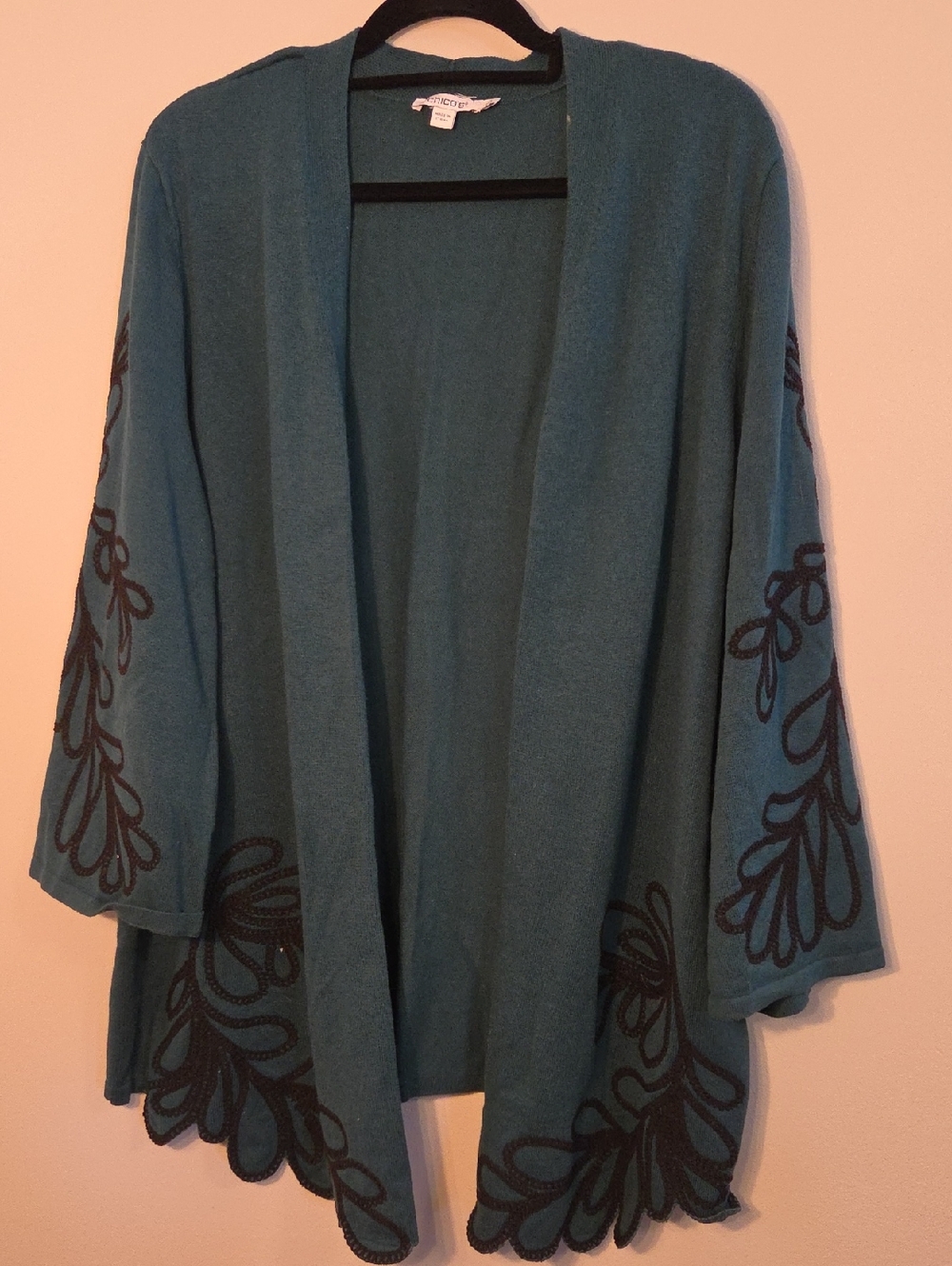 Chico's Teal Open-Front Cardigan with Black Lace Appliqué, 4